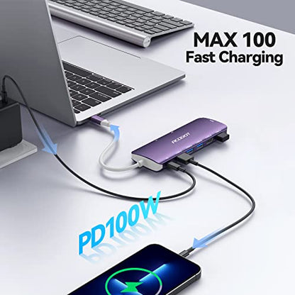 USB C Hub, 9-in-1 Multi-Port USB Adapter, 4K@60Hz HDMI, 100W Max PD, 3 USB3.0(5Gbps) + 2 USB2.0 Data Ports, SD/TF Card Reader for MacBook, iPad Pro, Dell, HP, Lenovo, Windows Laptop, Purple - color: Purple