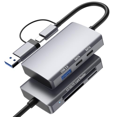 6-in-1 CF/SD/TF Card Reader with Dual USB-C Hub - USB 3.0 Card Reader Adapter for Computer/Android/Micro SD/, Memory Stick Pro Duo Adapter, 5Gbps High-Speed Data Transfer