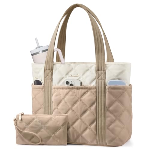 LOVEVOOK Puffer Tote Bag for Women, Puffy Work Handbag with Cup Holder, Travel Carry On Bag with Zipper for Teacher Nurse Gym - color: Beige-light Brown, size: 15.6 Inch-27L