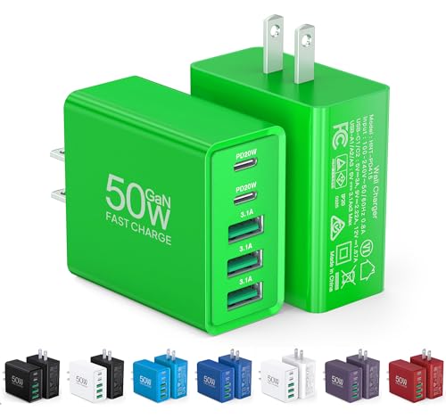USB C Wall Charger, 50W USB C Charger Block 5-Port PD Fast Charging Blocks,USB A Multiport Plug Brick Cube,Dual Type C Power Adapter for iPhone 17/16/15/14/13/Pro,iPad,Samsung,for Switch（Green 2-Pack） - color: Green