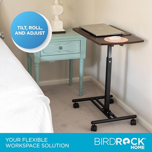 BIRDROCK HOME Adjustable Mobile Laptop Stand - Brown - Portable Rolling Standing Desk - Computer Stands - Four Wheels - Overbed or Bedside Table - color: Brown
