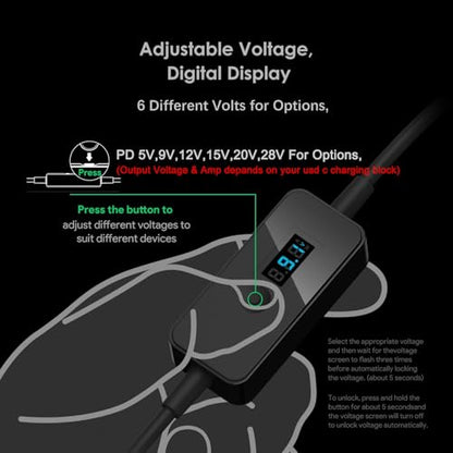 7Ft USB C to DC Adapter with Adjustable Output 5V-9V-12V-15V-20V-28V PD Fast Charging Cable Universal Charger 15PCS Connecor Tips DC Cable Kit Fit for Laptop Chromebook Phone Speaker USB Hub