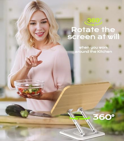 Book Stand for Reading, Adjustable Book Holder with 360°Rotating Bases, Ergonomic Cookbook Stand Recipe Book Holder with Elastic Page Clips for Magazines, Tablets, Laptops,White - color: White