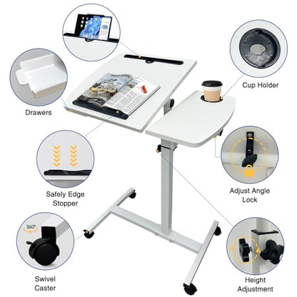 Medical Adjustable Overbed Bedside Table Teacher Podium Laptop Computer Cart Mobile Laptop Desk with 2 Tilting Desktops,Cup Holde,Drawer，Wheels for Office, Home and Classroom (White) - color: White-fba