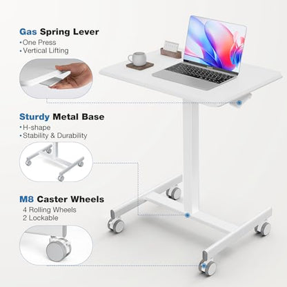 OLIXIS Mobile Rolling Desk with Wheels,Adjustable Laptop Desk, White | Adjustable Rolling Design Creates a Flexible Workspace for Home Office - color: White