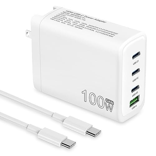 100W USB C Charger, 4-Port PD USB Power Adapter, GaN USB C Charger,Fast Charging Station,Compatible with Mac Book Pro/Air, iPad, iPhone 14 Pro, Galaxy S23 Ultra, Steam Deck, Dell XPS, Google Pixelbook