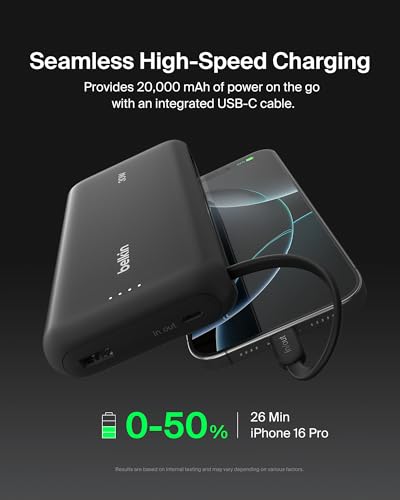 Belkin 20000mAh 30W USB C Power Bank, Portable Charger for iPhone & iPad | Fast Charging, Integrated USB C Cable, Eatra USB C Port, iPhone 17, iPad, Samsung Galaxy S26, Charge 2 Devices - color: Black, style: 20K mAh