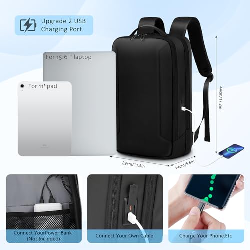 Slim Laptop Backpack for Men, Business Backpack with Charging Port, Tech Backpack for 15.6 inch Laptop for Work (black semi-hard shell)