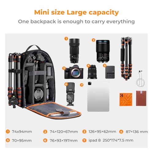 K&F CONCEPT Camera Backpack, DSLR/SLR/Mirrorless Photography Camera Bag | 10L Lightweight, 180 Degree Open, Custom Dividers, with 14in Laptop Compartment & Tripod Holder, for Canon/Nikon/Sony, B08 - style: 01-black-orange