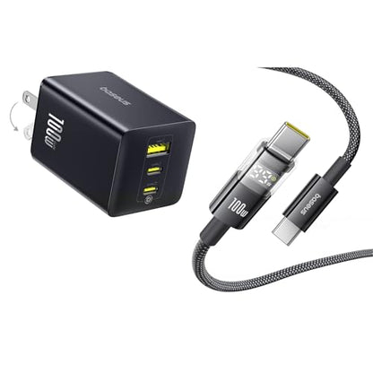 Baseus 100W USB C Charger Block, 3-Port Foldable Compact PPS Wall Charger, Fast Charging Power Adapter and Baseus USBC Cable, 100W 5A Fast Charging USB C Charger Cable with LED Display