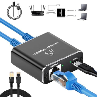 Ethernet Splitter 1 to 2 with 1.5Ft Cat 8 Ethernet Cables, 1000Mbps Internet Splitters High Speed with USB Power Cable,Gigabit LAN Splitter for Cat5/5e/6/7/8 Cable(2 Devices Simultaneously Networking) - style: 1to2 with cat 8