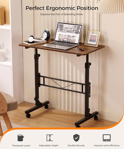 Standing Desk Adjustable Height, Mobile Stand Up Desks with Wheels Small Computer Desks Rolling Desk, Portable Laptop Desks Rustic Standing Table Sit Stand Home Office Desks 16"x31.5" Height 27"-43.5" - color: Rustic