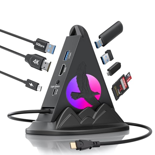 USB C Hub, 8-in-1 USB C for Laptop with 4K HDMI, PD 100W, 5Gbps USB-A 3.0 x 3 & Type C 3.0 x 1, SD/TF Card Reader, RGB Type C hub for MacBook Air/Pro, Laptop, PC, iPad, iPhone17, XPS, Surface - color: Black Eagle With Base