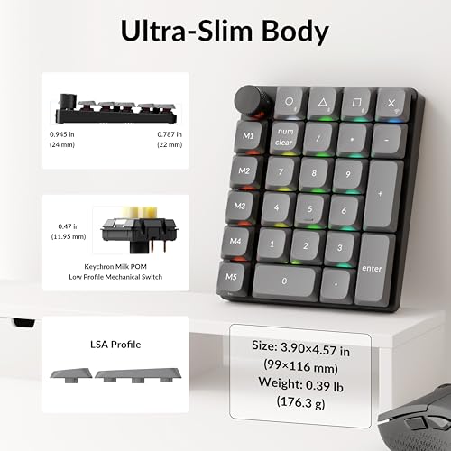 Keychron K0 Max Wireless Low-Profile Number Pad, QMK/VIA Programmable, Hot-Swappable Banana Switch, RGB Backlit, 2.4GHz & Bluetooth 5.3, 1000Hz Polling Rate, with Knob, for Windows/Mac - color: Banana Switch, size: Black