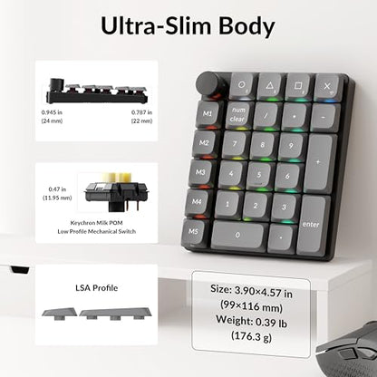 Keychron K0 Max Wireless Low-Profile Number Pad, QMK/VIA Programmable, Hot-Swappable Banana Switch, RGB Backlit, 2.4GHz & Bluetooth 5.3, 1000Hz Polling Rate, with Knob, for Windows/Mac - color: Banana Switch, size: Black