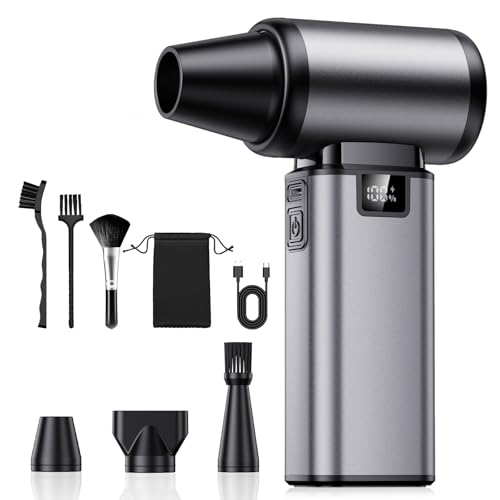 130000RPM Compressed Air Duster,Rechargerble with Brushless Motor | 5-Gear Adjustable,2.5H Fast Charge,3 Nozzles + 3 Brushes,54m/s Wind Speed,185g Wind Pressure，for Car and Keyboard