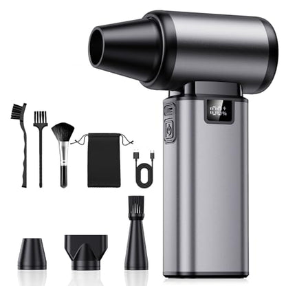 130000RPM Compressed Air Duster,Rechargerble with Brushless Motor | 5-Gear Adjustable,2.5H Fast Charge,3 Nozzles + 3 Brushes,54m/s Wind Speed,185g Wind Pressure，for Car and Keyboard