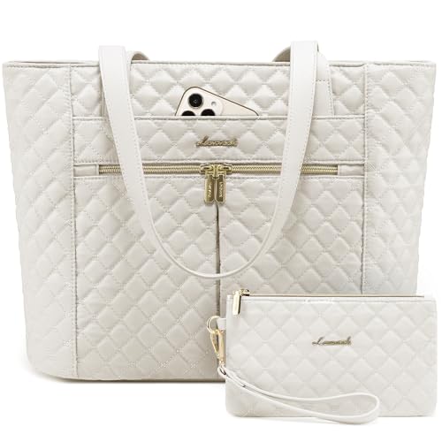 LOVEVOOK Laptop Bag for Women 15.6 inch,Diamond Quilted Work Women Laptops Tote Computer Shoulder Bag,Stylish Travel Tote Bags Purse Briefcase Case Handbag with Clutch Bags,Off-white - color: Off-white(quilted), size: 15.6 Inch