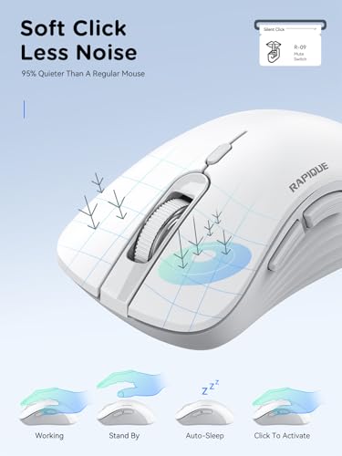 RAPIQUE Wireless Mouse - Dual Bluetooth & 2.4 GHz, White and Grey | Ergonomic Design, Quiet Clicks, Low Power - Multi-Device Compatibility for Laptop, Computer, iPad, MacBook, Chromebook - color: White and Grey