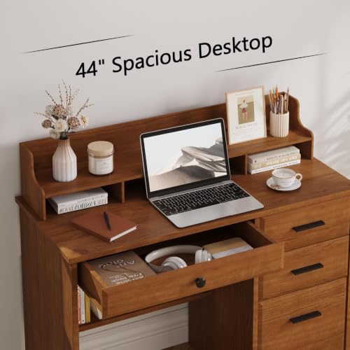 4 EVER WINNER Small Desk with Drawers for Small Spaces, 44'' Wood Desk with File Drawer & Monitor Stand, Office Desks Writing Study Table for Bedroom, Living Room, Brown - color: Brown