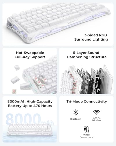 GravaStar Mercury K1 75% White Wireless Keyboard, Aluminum Alloy Exoskeleton Design Mechanical Gaming Keyboard, Gasket Hot-Swap Socket, Linear Switches, RGB Backlit【Opaline White】 - color: Opaline White