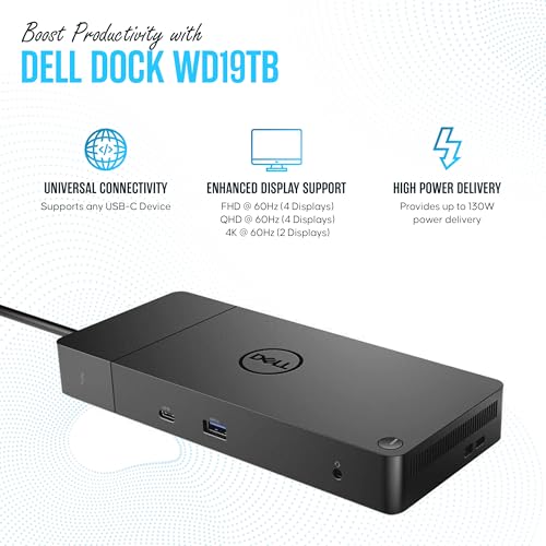 Dell WD19TB Thunderbolt Dock - 1 Year Warranty - Dell Docking Station Dual Monitor USB C with 180W, HDMI & DisplayPort Cable - Docking Station for Laptop & Computer (Renewed) | Dual 4K via 2×DP 1.4 & HDMI 2.0, USB-C & 3×USB-A, Thunderbolt 3, Gigabit Ether