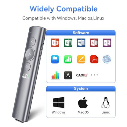 Rechargeable Presentation Clicker with Green Laser Pointer for PowerPoint, Power Display Wireless Presenter Remote with USB-A & USB-C Dongle, Slide Advancer for Mac, Windows, Laptop, Classroom, Office - style: Green Laser & Power Display