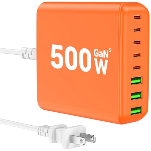 500W USB C Charger Block, 8-Port USB C Charging Station Fast Charging PD 120W PC Laptop Charger Adapter Compatible with MacBook Pro/Air/All iPad,DELL, iPhone 16/15/14/13/Pro Max/Galaxy - color: ORANGE