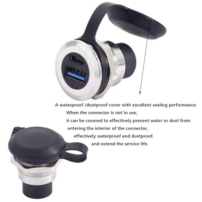 PENGLIN 2PCS Dual USB-C 3.1 & USB 3.0 Female to Female Bulkhead Socket | 10Gbps High Speed Data Transfer, 5V/1A Fast Charging, Panel Mount Thread Adapter, With Waterproof Cap - color: Silver&Black, size: 2PCS