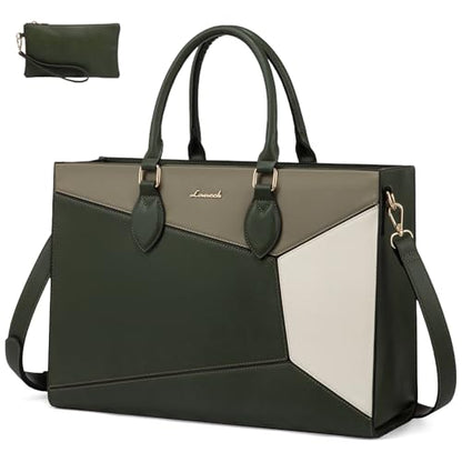 LOVEVOOK Laptop Bag for Women,15.6 lnch Waterproof Lightweight Leather Tote Bag,Professional Business Office Work Bags with Clutch Purse,Large Capacity Computer Shoulder Handbag,Army-Grey-White - color: Army Green - Grass Grey Green - Beige White(leather)