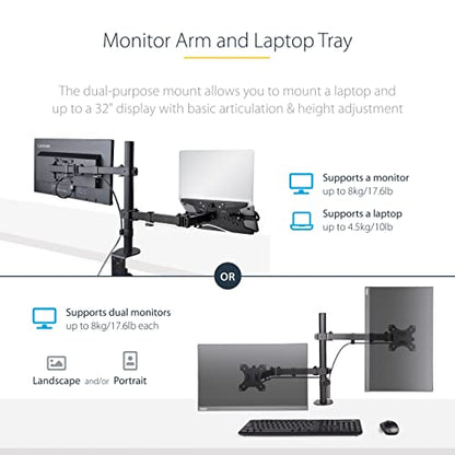 StarTech Monitor Arm up to 32in, 9.9lb/4.5kg, VESA (A2-Laptop-Desk-Mount) | For a Single Display up to 32" (17.6lb/8kg), With VESA Laptop Tray, Up to 9.9lb (4.5kg), Adjustable, Clamp or Grommet Base - style: Dual