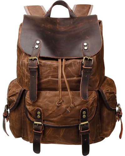 HuaChen Vintage Waxed Canvas Backpack with Genuine Leather Flap, Travel & Work Rucksack, Water-Resistant Daypack with Anti-Theft Pocket, Large (15.6"), M80 Brown - color: Brown, size: Large
