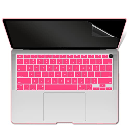 IBENZER Compatible with New MacBook Air 13 inch case 2022 2021 2020 M1 A2337 A2179 A1932, Hard Shell Case&Keyboard Cover&Screen Film for Mac Air 13 with Touch ID (2018-2022), Pink, AT13PK+2 - color: Pink
