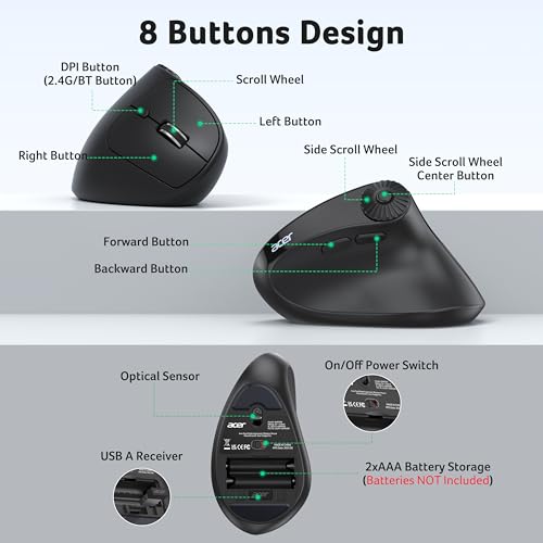 Acer Ergonomic Mouse Wireless with Side Scroll, Bluetooth Mouse for Laptop | 4000 DPI Office Vertical Computer Mouse (BT5.2+2.4GHz) for Small to Medium Sized Hands, Ergo Mouse with, 58° Tilt, 8 Buttons