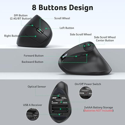Acer Ergonomic Mouse Wireless with Side Scroll, Bluetooth Mouse for Laptop | 4000 DPI Office Vertical Computer Mouse (BT5.2+2.4GHz) for Small to Medium Sized Hands, Ergo Mouse with, 58° Tilt, 8 Buttons