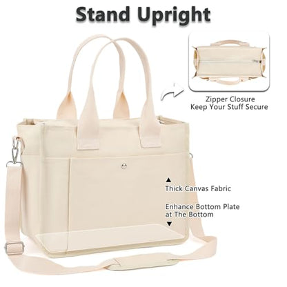 Fammart Large Canvas Tote Bag for Women with Zipper & Compartments, Crossbody Laptop Bags for Work College Travel - color: Beige