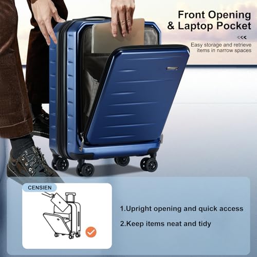 CENSIEN Expandable 20" Carry On Luggage Airline Approved with Front Pocket | Front Opening with Laptop Pocket,Lightweight ABS+PC Hard Shell Suitcases,360° Spinner Wheels,TSA Lock,YKK Zipper,Blue - color: Navy Blue, size: 20 Inch EXT