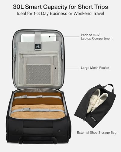 Hanke Underseat Carry On Luggage with Wheels, 17 Inch Rolling Bag, Black | Fits 15.6 Inch Laptop, Shoe Bag Included, Small Suitcase, Softside, Trolley Sleeve, Water-Resistant, 30L Personal Item - color: Black, size: 17 Inch Underseat Plus