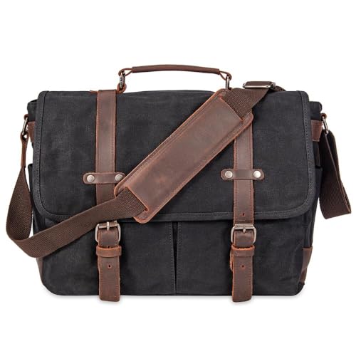 Vintage Genuine Leather Waxed Canvas Briefcase Large Satchel Shoulder Bag Rugged Computer 15.6" Laptop Bag - color: Black-3