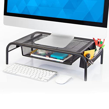 Mount-It! Metal Mesh Monitor Stand with Drawer, Ergonomic Desk Organizer and Riser for Monitors and Laptops, Desktop Stand with Extra Storage and Side Pocket, Black
