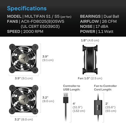 AC Infinity MULTIFAN S5, Quiet Dual 80mm USB Fan, UL-Certified for Receiver DVR PlayStation Xbox Computer Cabinet Cooling - size: S5