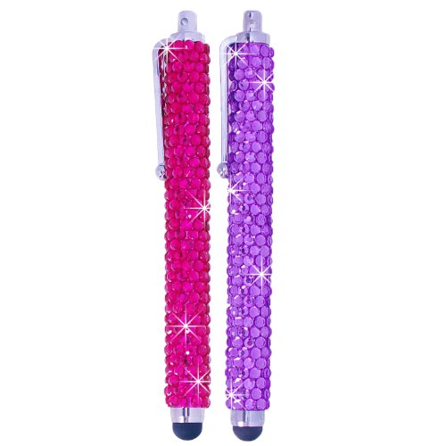 Eco-Fused Universal Bling Stylus Pens - 2 Long Gem Covered Stylus Pens Compatible with All Capacitive Touchscreen Devices/Microfiber Cleaning Cloth - color: Pink + Purple
