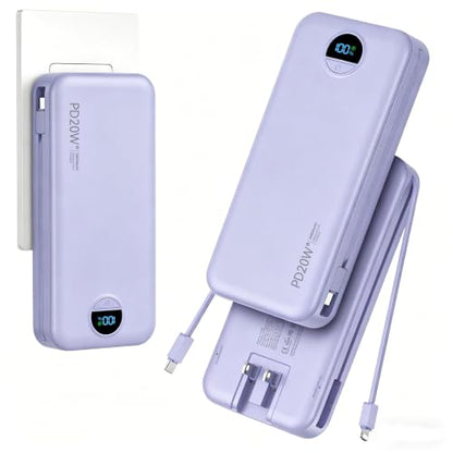 20000mAh Ultra Portable Charger Power Bank with inBuilt Cables&AC Wall Plug | PD20W USB-C Fast Charging Cell Phone Charger Battery Pack,LED Display Travel Battery Bank for All iPhone,Samsung,Android - color: Purple-20Ah
