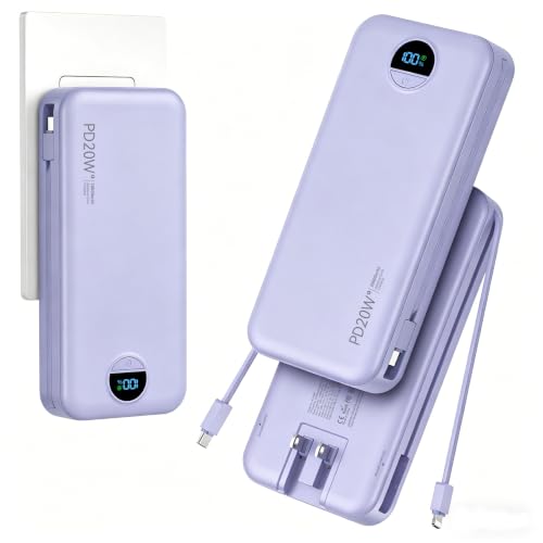 20000mAh Ultra Portable Charger Power Bank with inBuilt Cables&AC Wall Plug | PD20W USB-C Fast Charging Cell Phone Charger Battery Pack,LED Display Travel Battery Bank for All iPhone,Samsung,Android - color: Purple-20Ah
