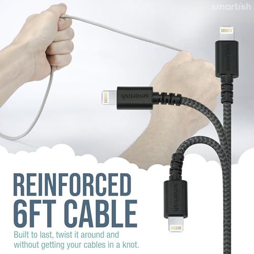Smartish USB-C/Lightning Cable 17/16/16e/15/14 - Crown Joule - 6 Foot Universal Fast Fabric Wrapped Charging Cable w/Micro-USB - MFi Certified 13/12/SE/iPad/AirPods/Android - Pink - color: I'm Blushing, size: USB to USB-C/Lightning/Micro