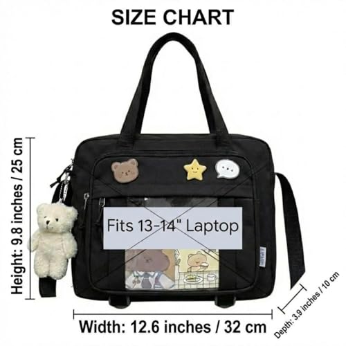 Kawaii Crossbody Ita Bag for Women with Pin & Plush Bear - Japanese Messenger Bags Y2K Shoulder Purse - color: B Pro Black (Fits 13.4" Laptop)