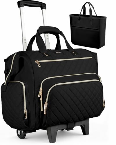 Rolling Teacher Bag, 16 Inch Rolling Laptop Bag with Detachable Dolly & Teacher File Tote, Large Roller Briefcase for Teaching Office Work, Women, Craft Nurse, Black - color: Black