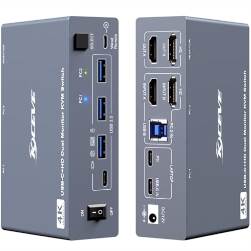 KVM Switch 2 Monitors 1 Desktop and 1 Laptop 4K@60Hz, 7-in-1 Dual Monitor KVM Switch Docking Station, Expand 2 HDMI Displays,4xUSB 3.0,PD 80W, Wired Remote and USB-C Cable Included - color: silver, size: 14 cm