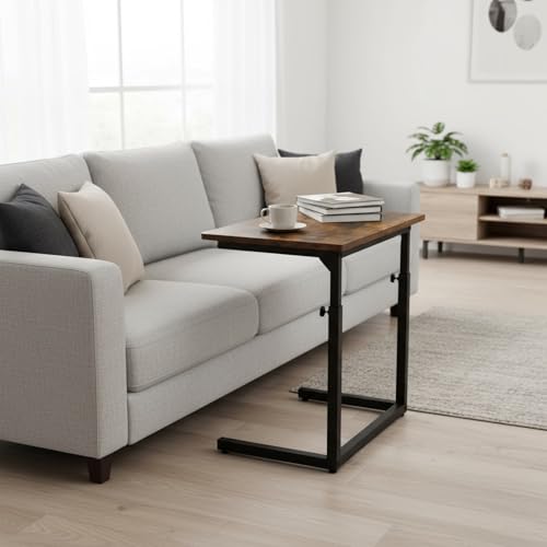 Height Adjustable C-Shaped Sofa Side Table, Laptop Table for Couch & Bed, Rustic Brown - color: Rustic Brown
