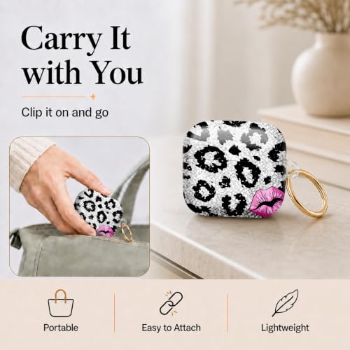 Compatible with AirPod 4 Case 2024, Cute Hard Plastic Protective Cover for Airpod 4th Generation Women, Shockproof Shell Skin with Gold Ring Keychain,Black Leopard Pink Lips - color: Black Leopard Pink Lips